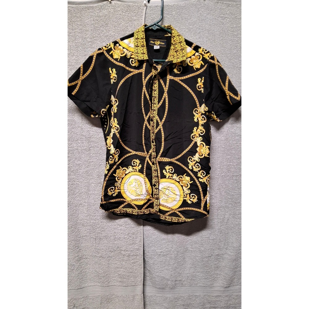 Phat Farm Mens Baroque Lion Head Gold Chain Print ShortSleeve ButtonDown Shirt M